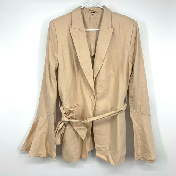 Free People Blazer Linen Blush Pink Flared Sleeve Tie Waist - Picture 5 of 12